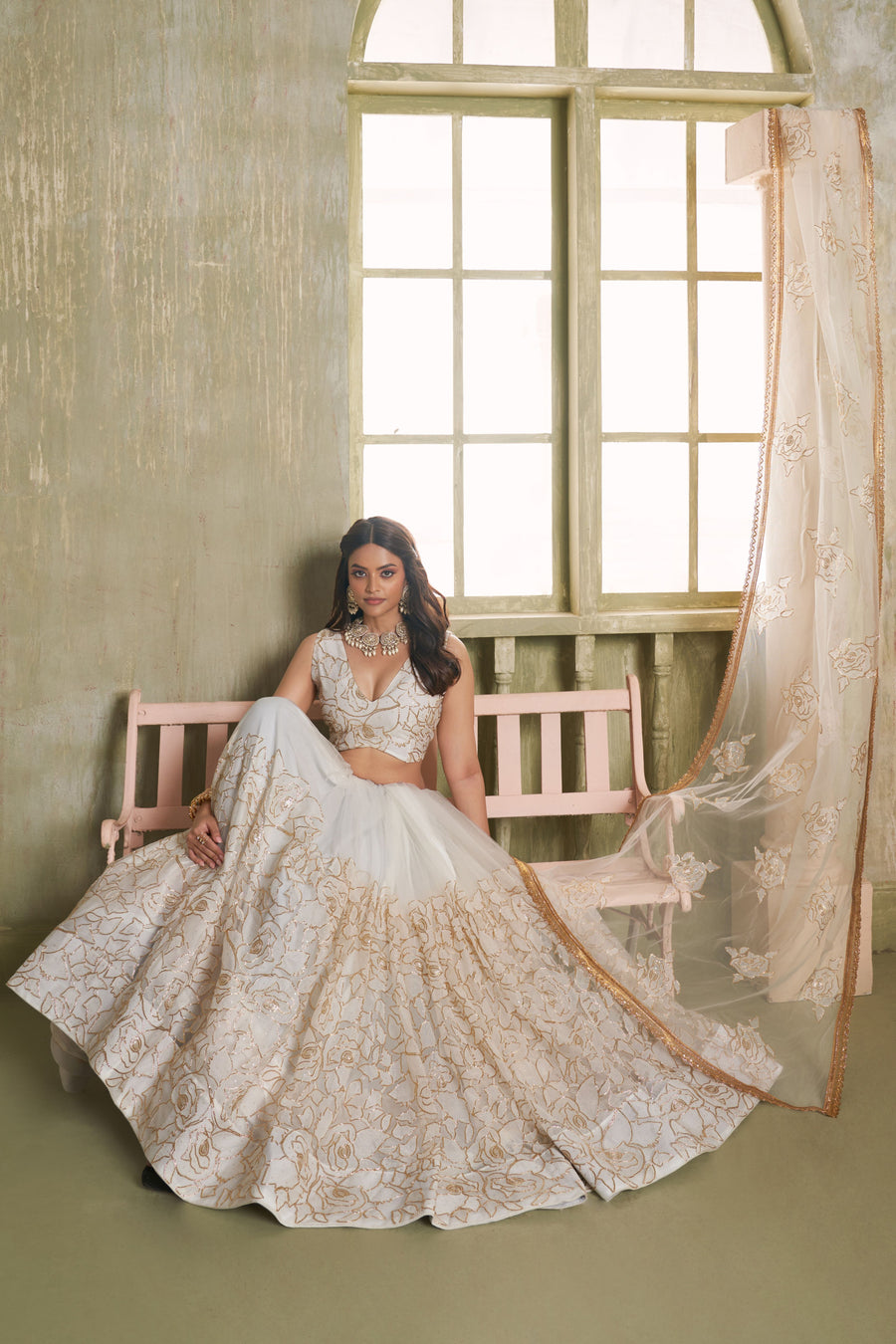 White Net Lehenga Choli For Indian & Pakistani Wedding Festival - Thread Embroidery Work, Sequence Embroidery Work