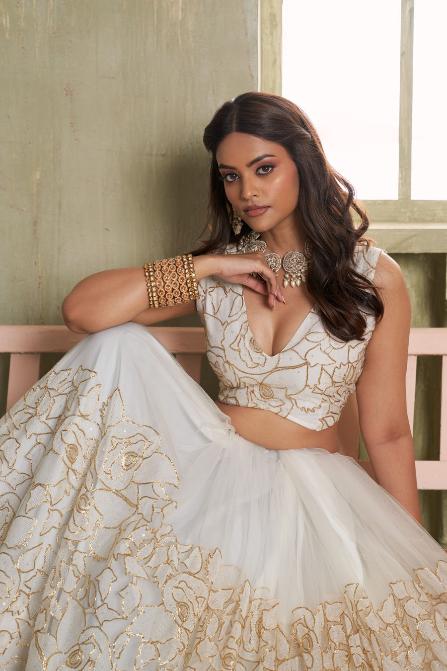 White Net Lehenga Choli For Indian & Pakistani Wedding Festival - Thread Embroidery Work, Sequence Embroidery Work