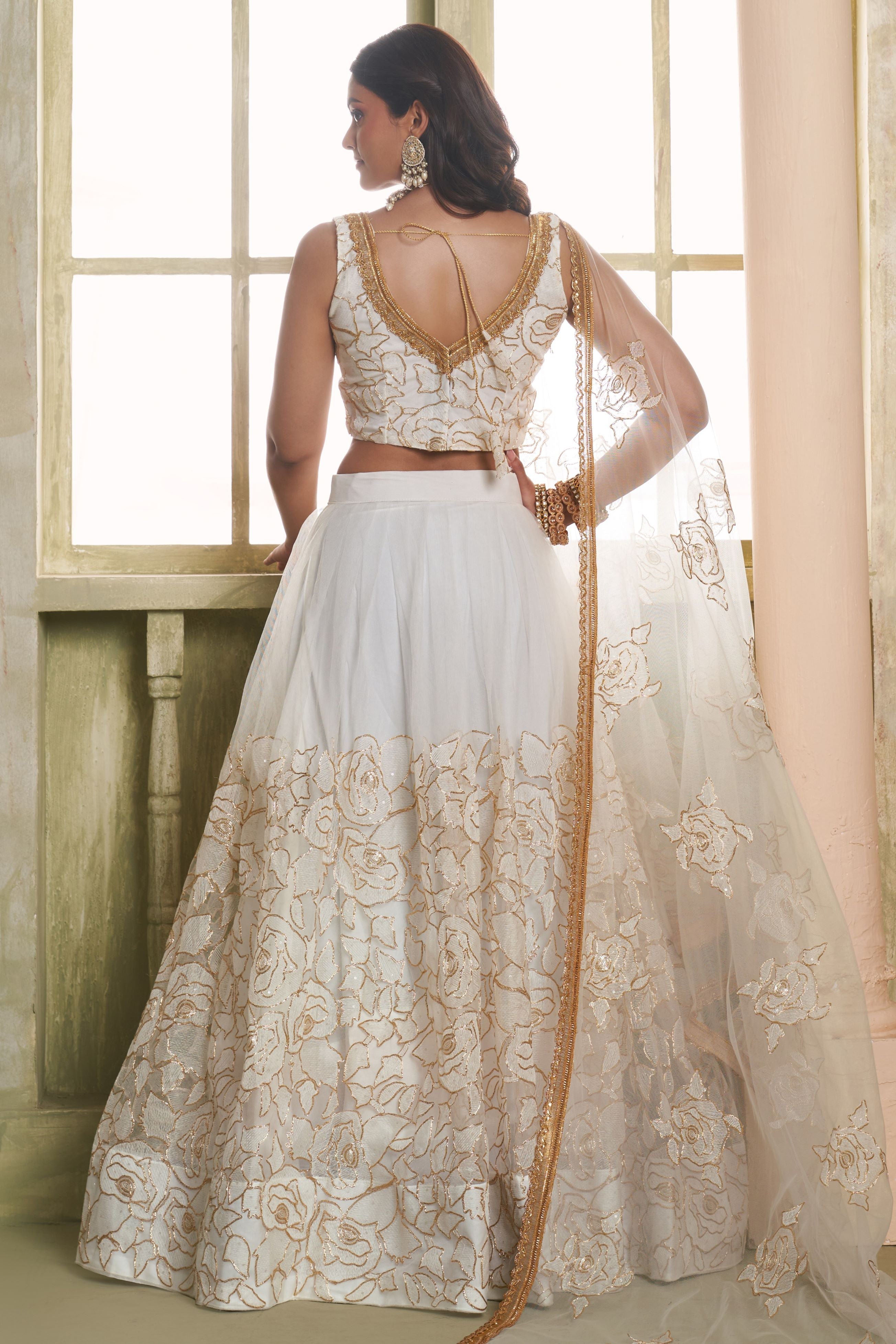 White Net Lehenga Choli For Indian & Pakistani Wedding Festival - Thread Embroidery Work, Sequence Embroidery Work