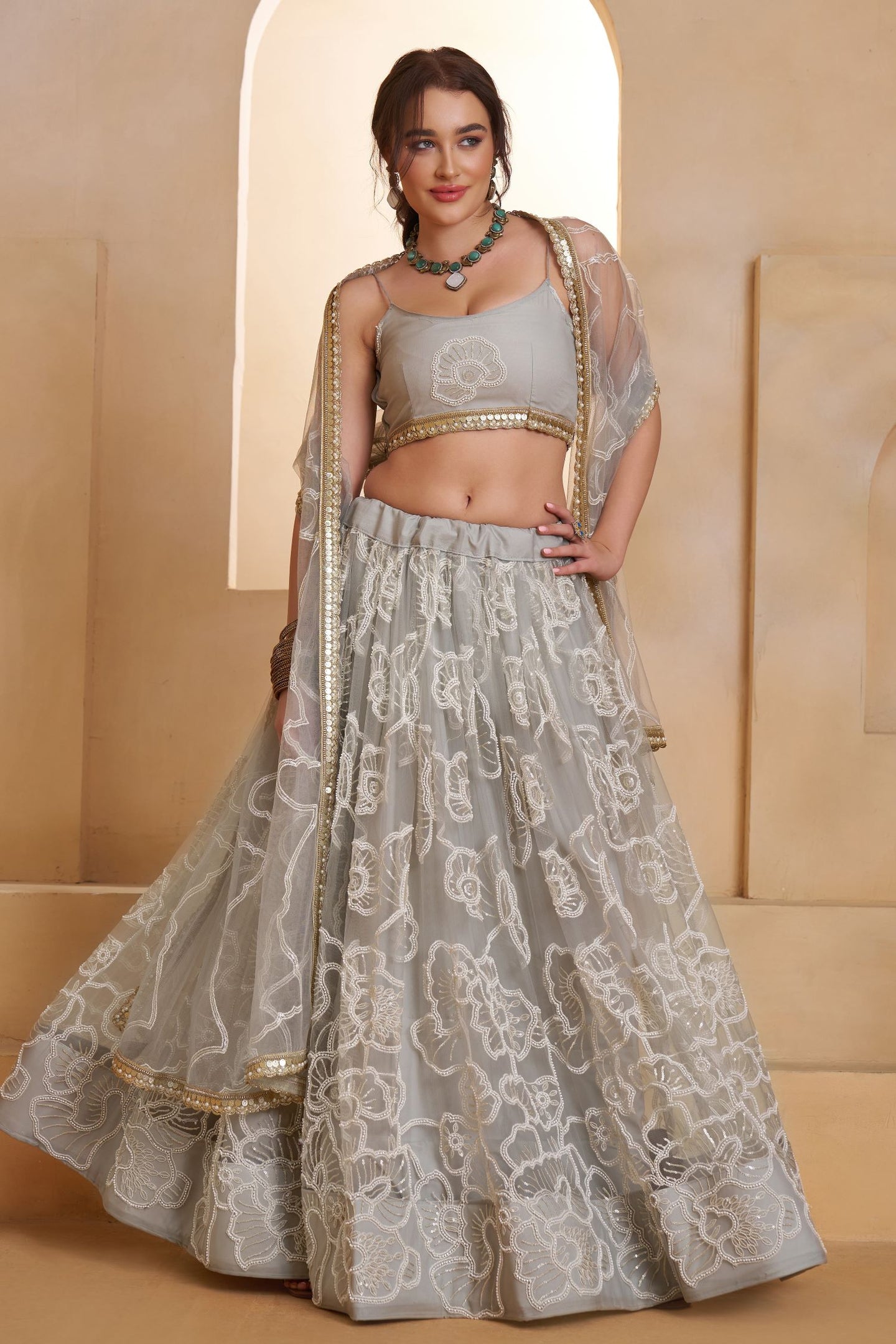Grey Net Party Wear Lehenga for Women with Sequin Work