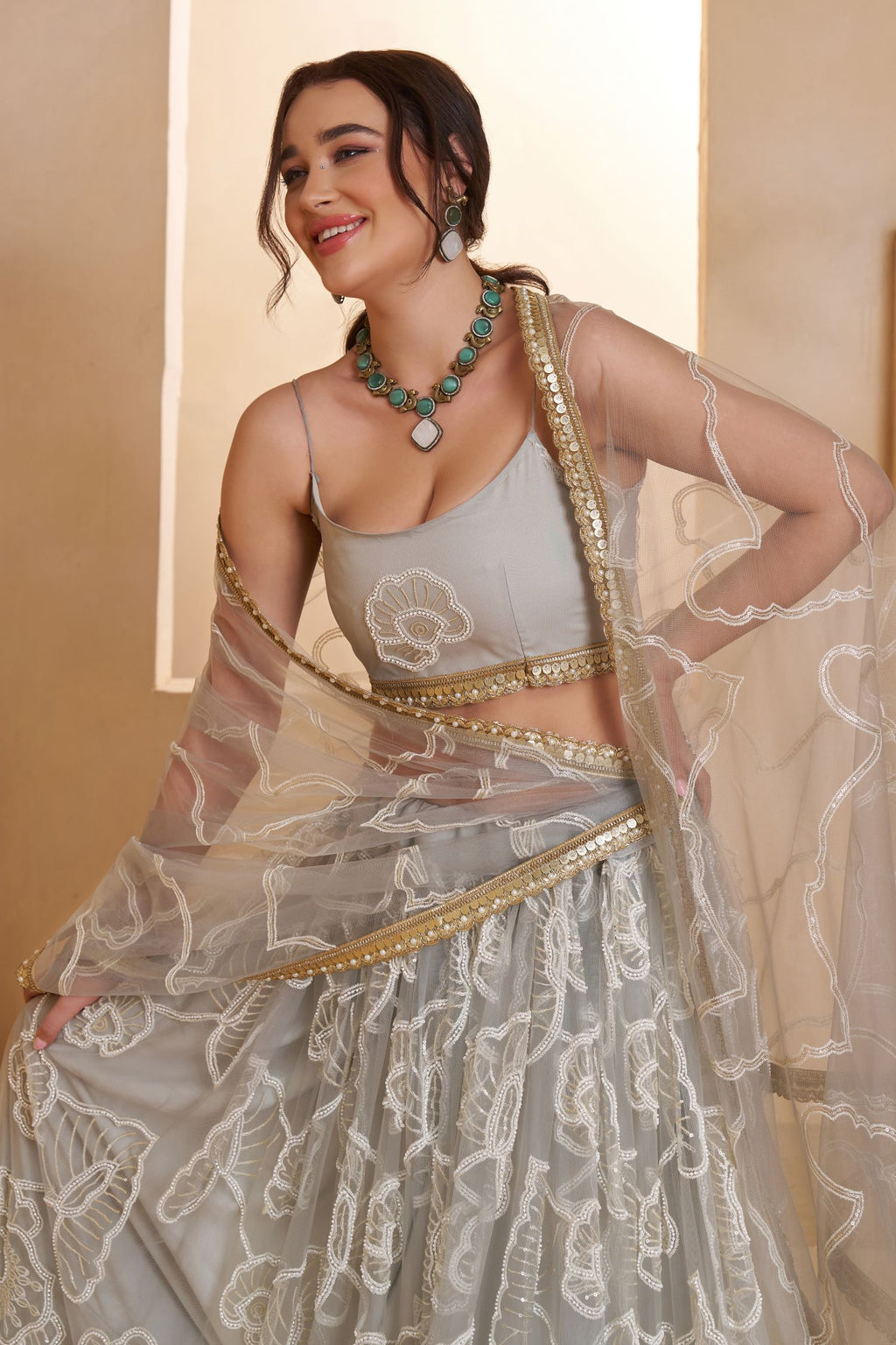 Grey Net Party Wear Lehenga for Women with Sequin Work