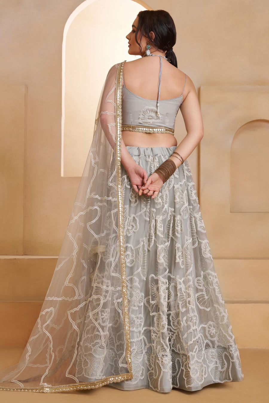 Grey Net Party Wear Lehenga for Women with Sequin Work