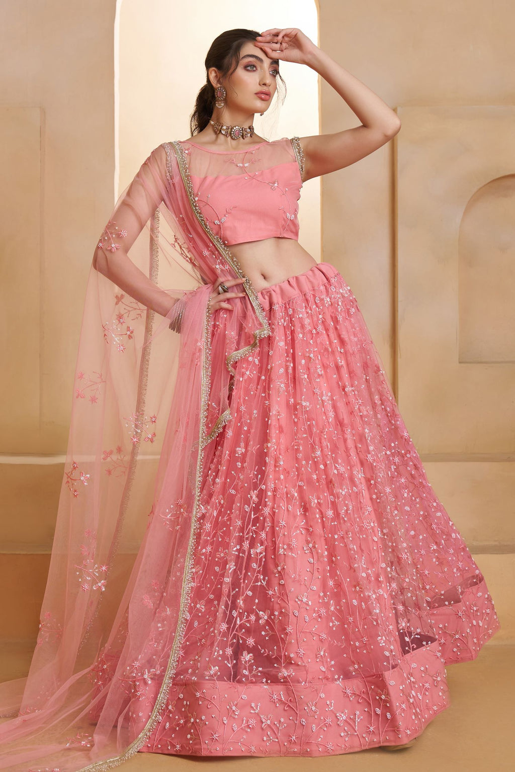 Pink Net Party Wear Lehenga for Women with Sequin Embroidery