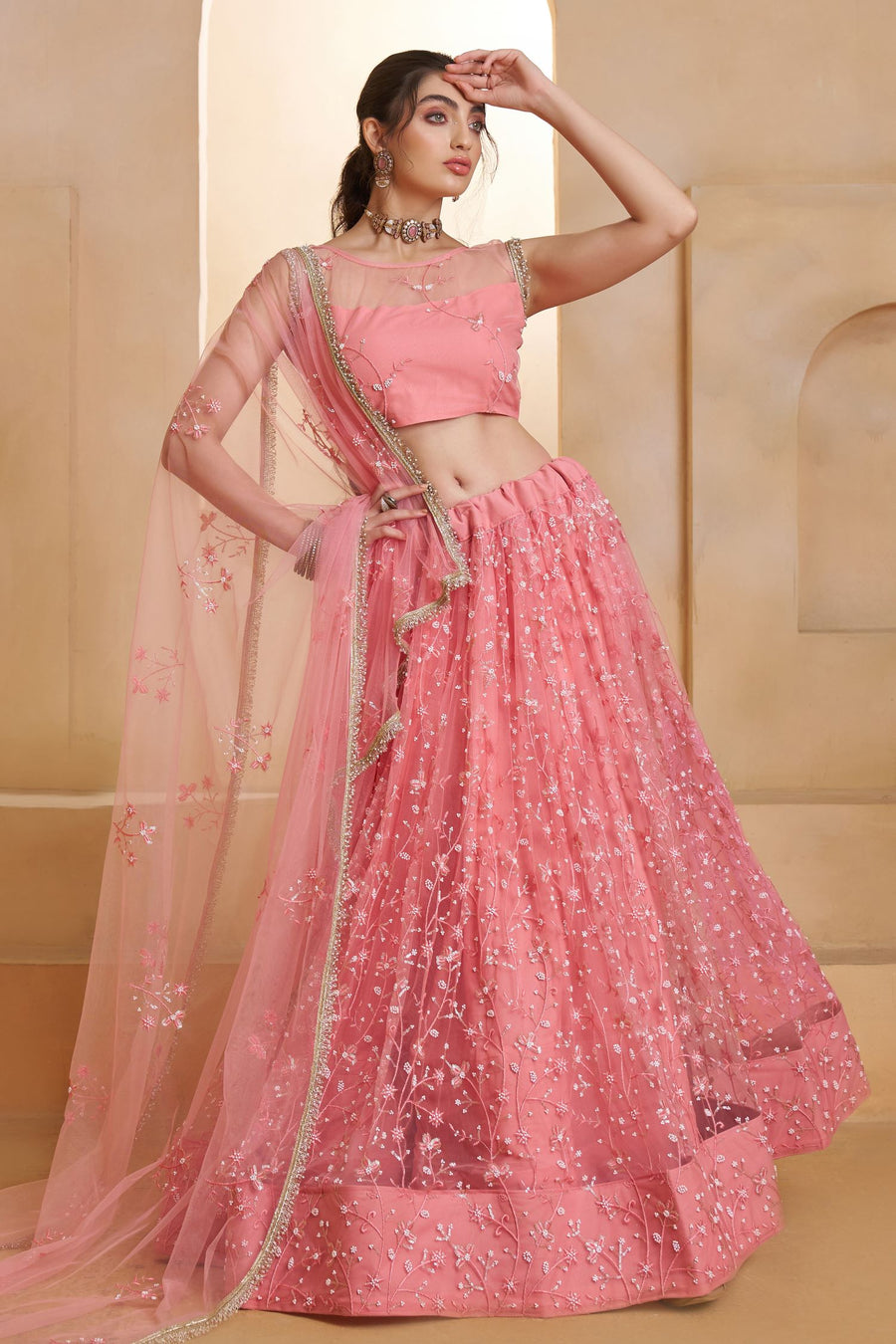 Pink Net Party Wear Lehenga for Women with Sequin Embroidery