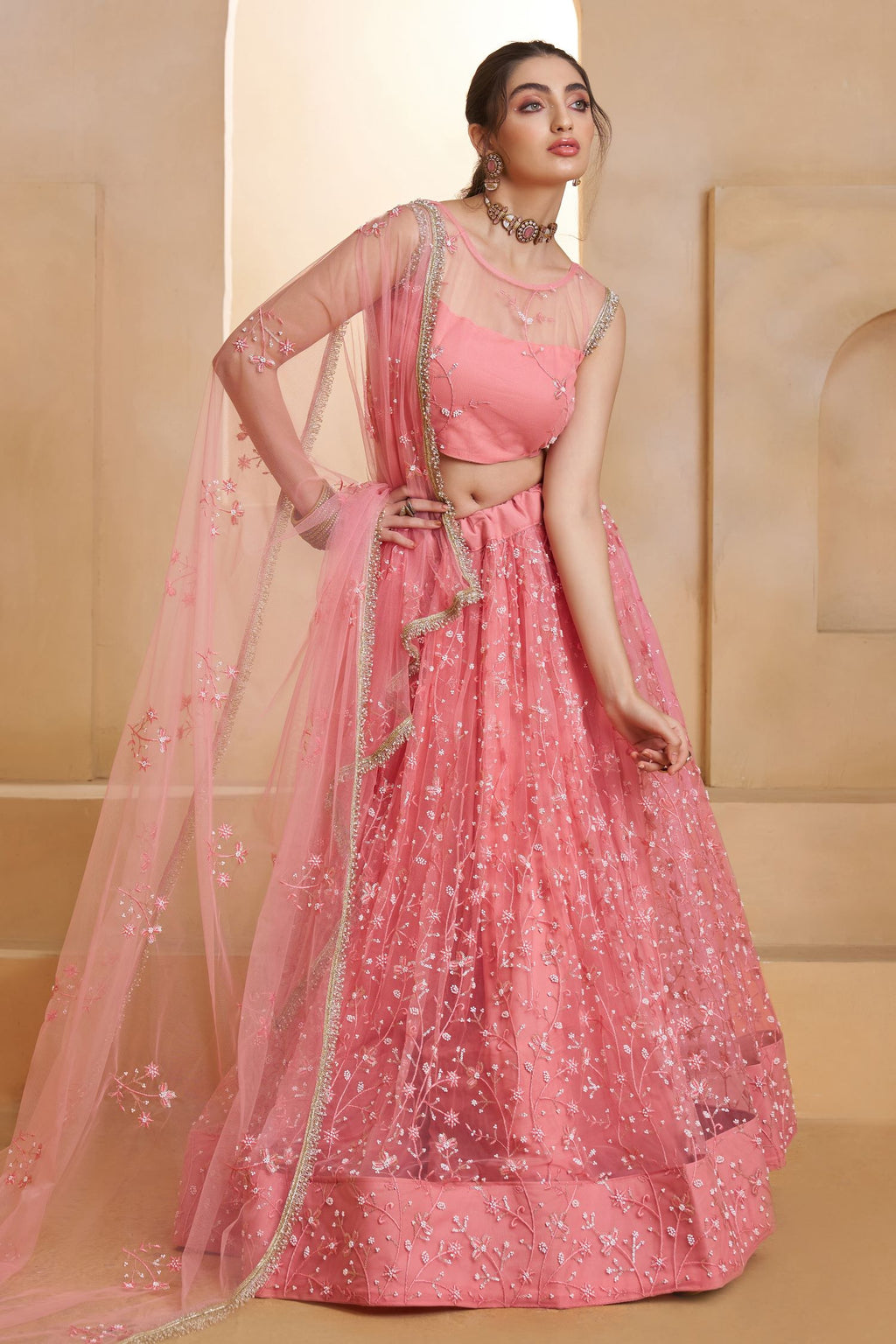Pink Net Party Wear Lehenga for Women with Sequin Embroidery