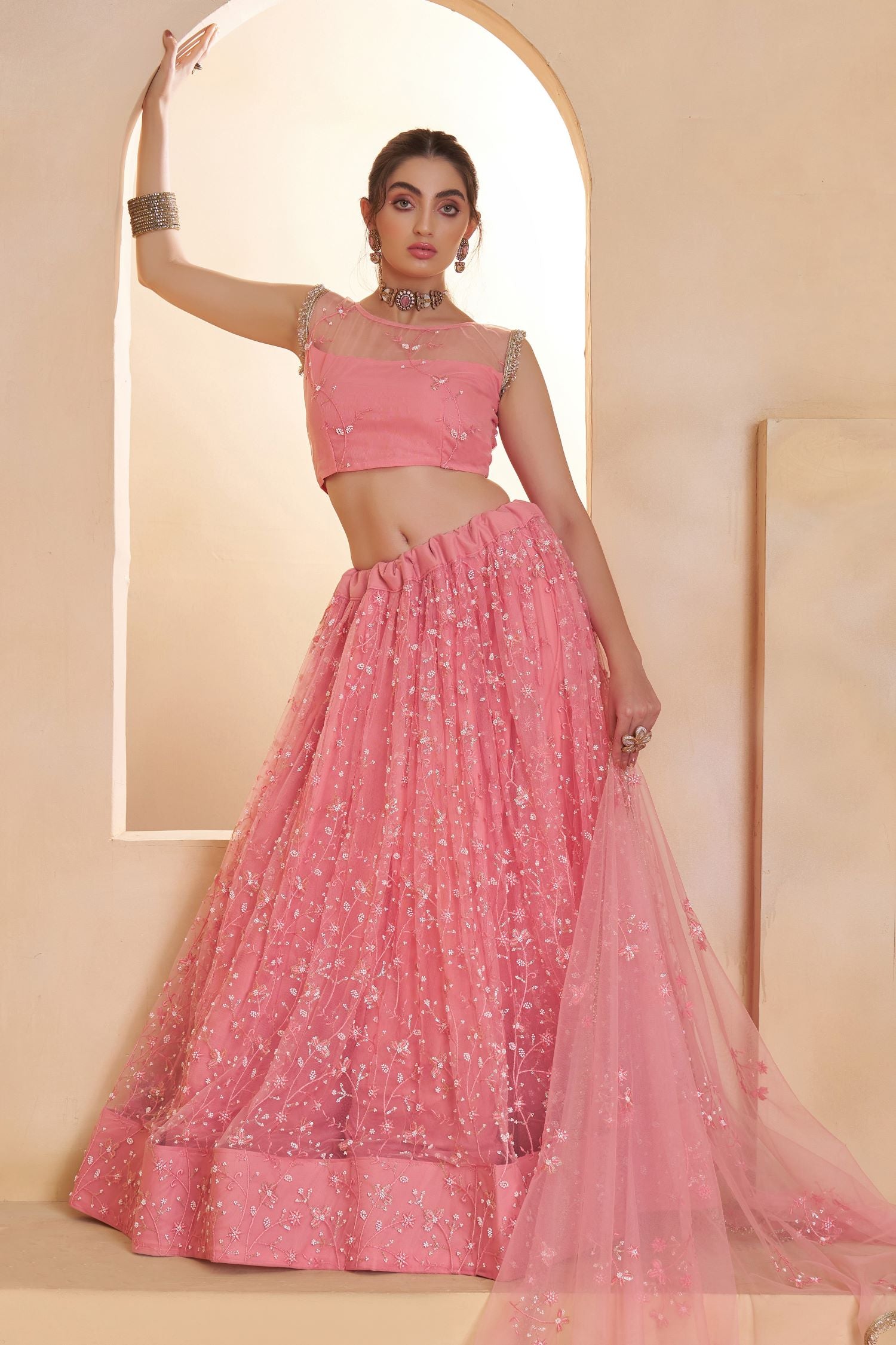Pink Net Party Wear Lehenga for Women with Sequin Embroidery