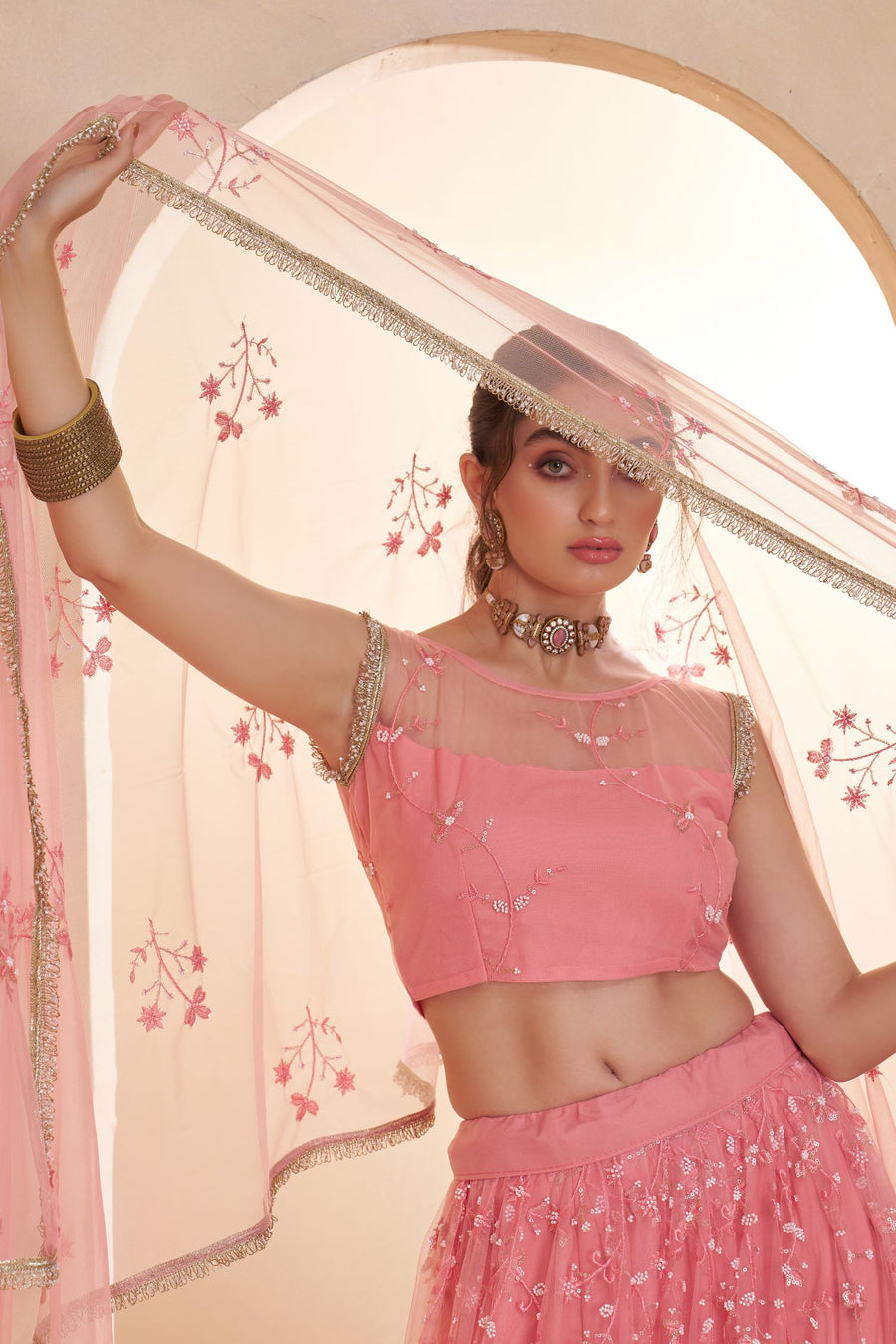Pink Net Party Wear Lehenga for Women with Sequin Embroidery