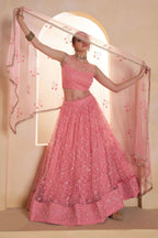 Pink Net Party Wear Lehenga for Women with Sequin Embroidery