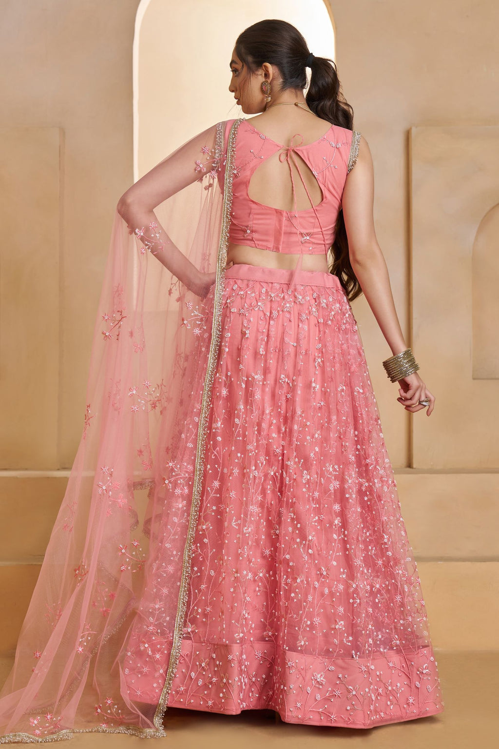Pink Net Party Wear Lehenga for Women with Sequin Embroidery