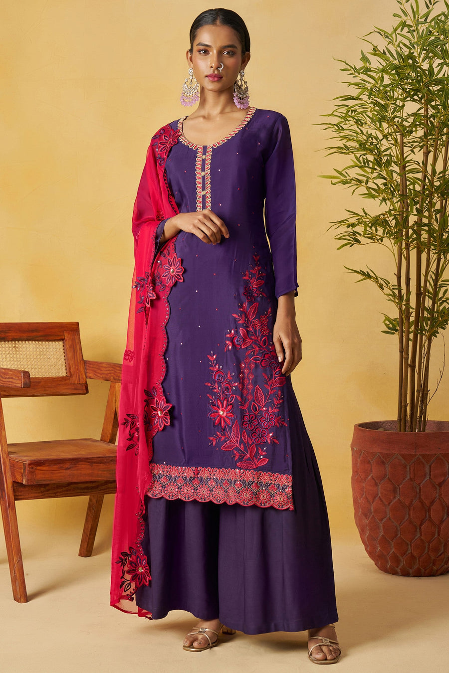 Purple Organza Sharara Suit For Indian & Pakistani Wedding Festival - Thread Embroidery Work