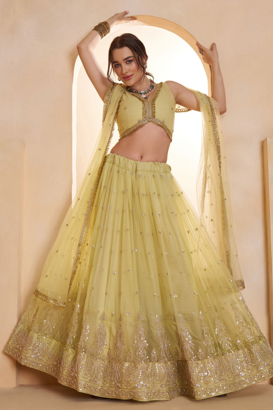 Yellow Net Party Wear Lehenga for Women with Sequin Work