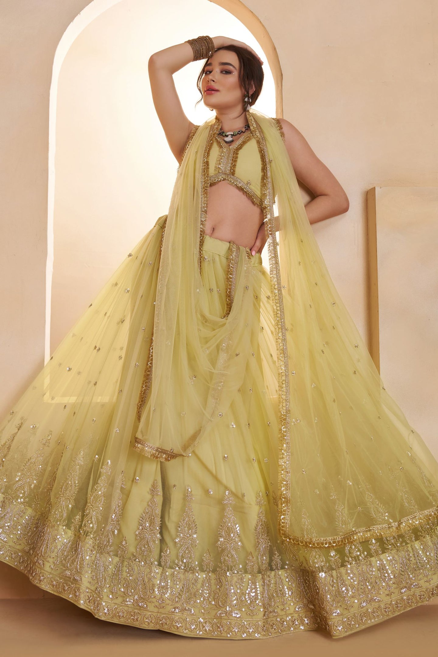 Yellow Net Party Wear Lehenga for Women with Sequin Work
