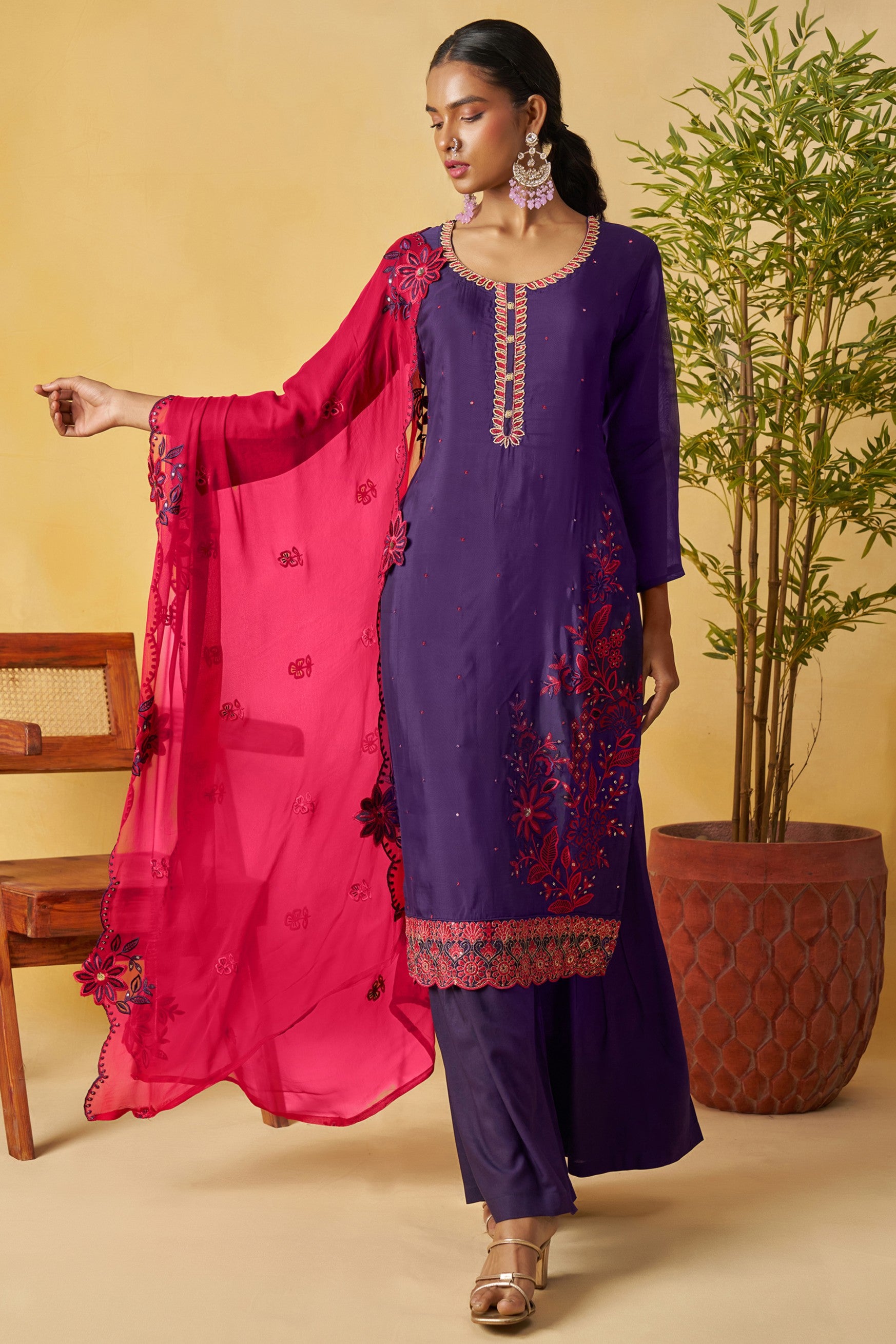 Purple Organza Sharara Suit For Indian & Pakistani Wedding Festival - Thread Embroidery Work