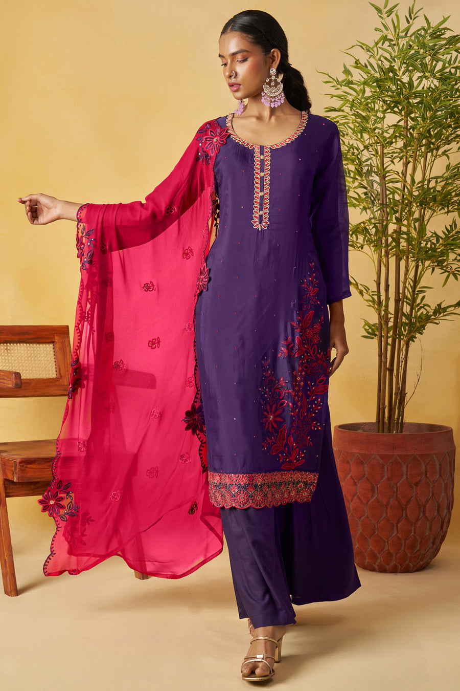 Purple Organza Sharara Suit For Indian & Pakistani Wedding Festival - Thread Embroidery Work