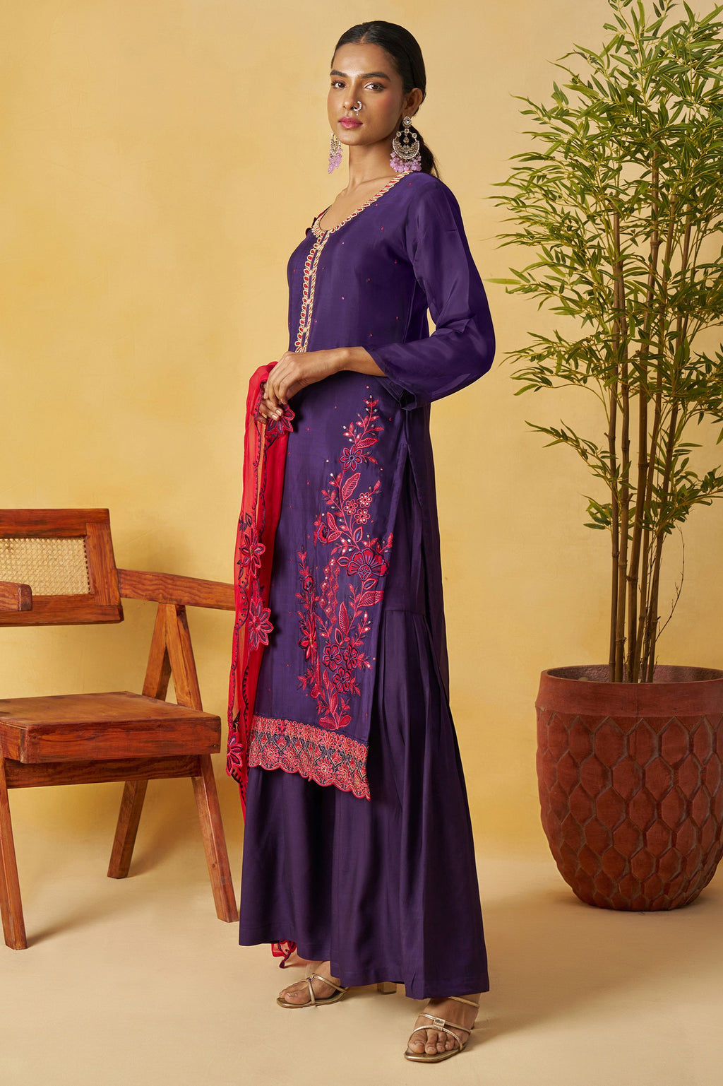 Purple Organza Sharara Suit For Indian & Pakistani Wedding Festival - Thread Embroidery Work