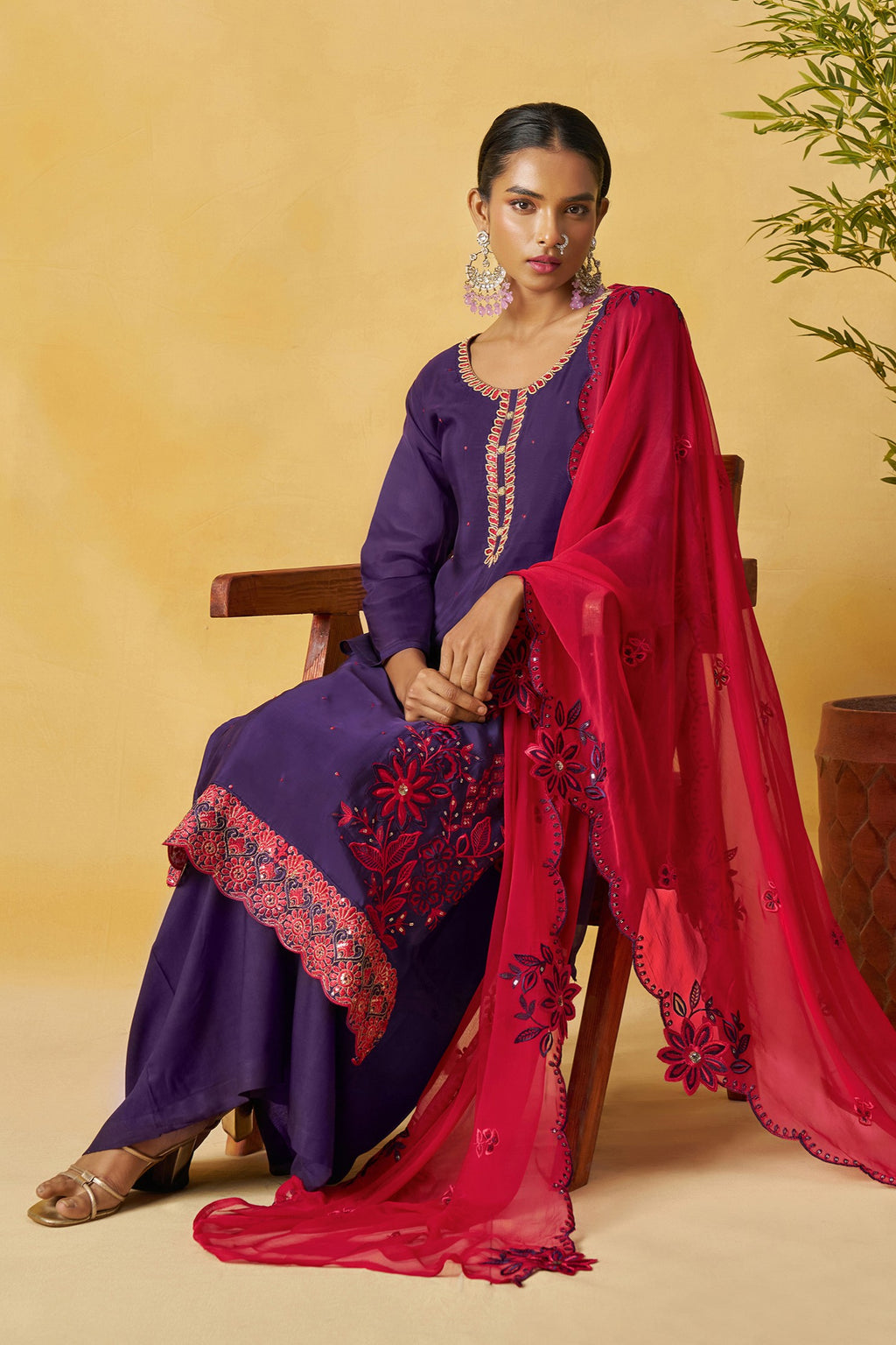 Purple Organza Sharara Suit For Indian & Pakistani Wedding Festival - Thread Embroidery Work