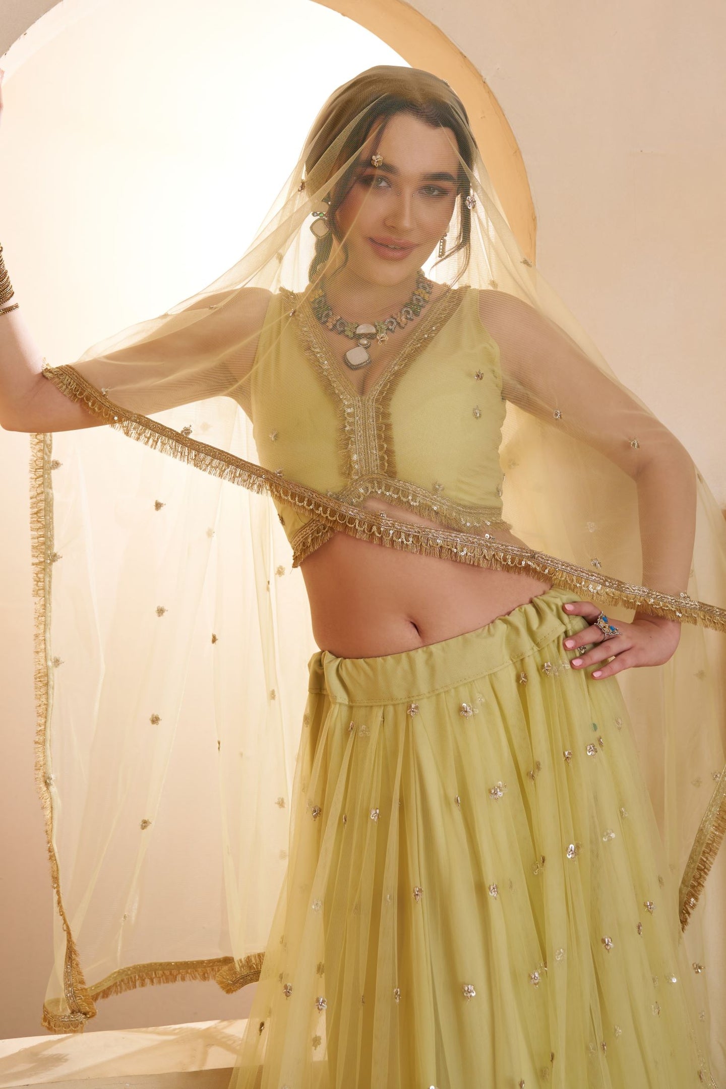Yellow Net Party Wear Lehenga for Women with Sequin Work