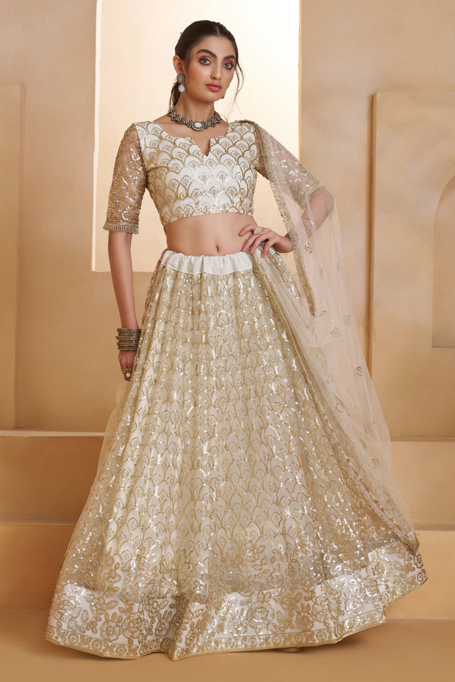 White Net Party Wear Lehenga for Women with Thread and Sequin Work