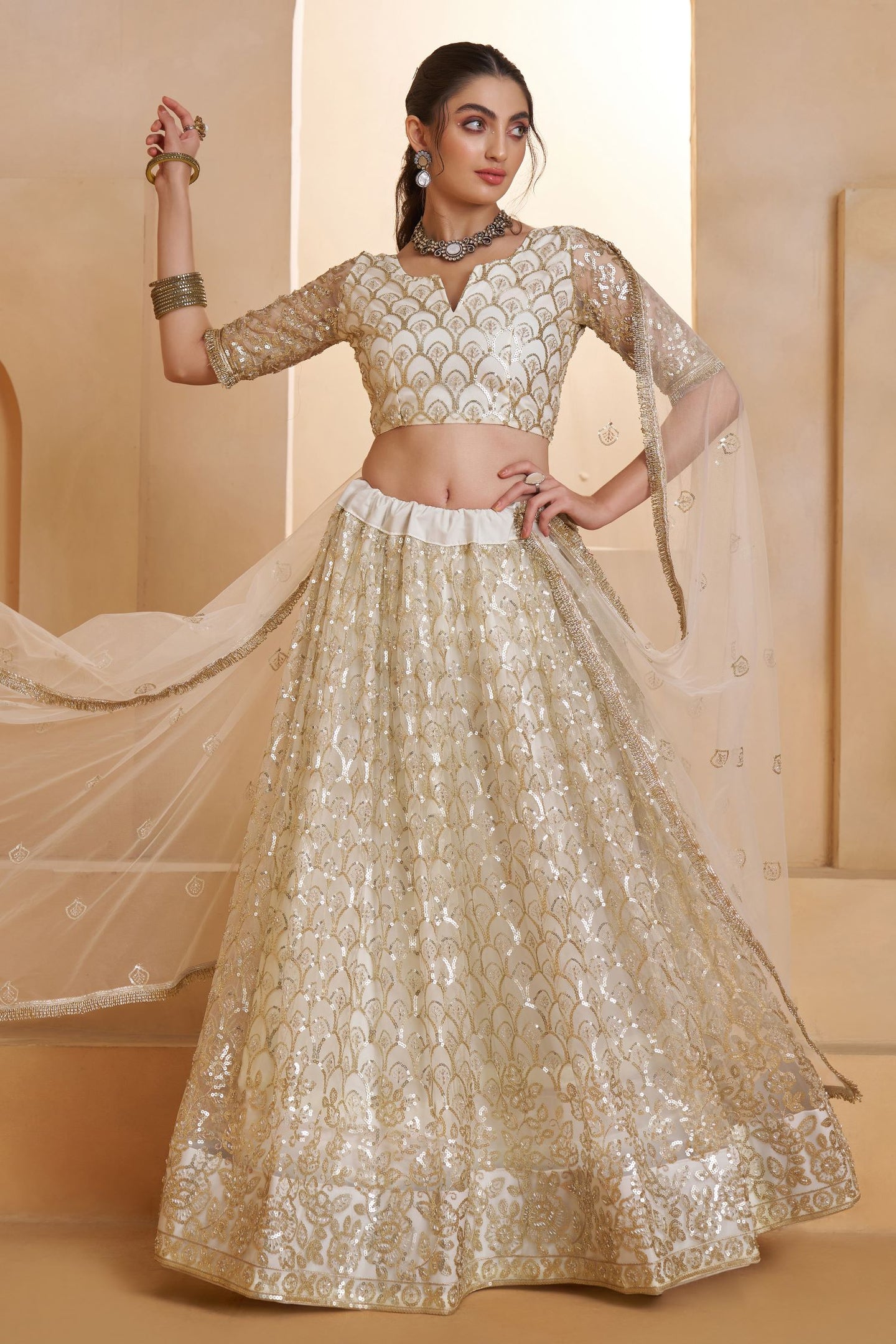 White Net Party Wear Lehenga for Women with Thread and Sequin Work