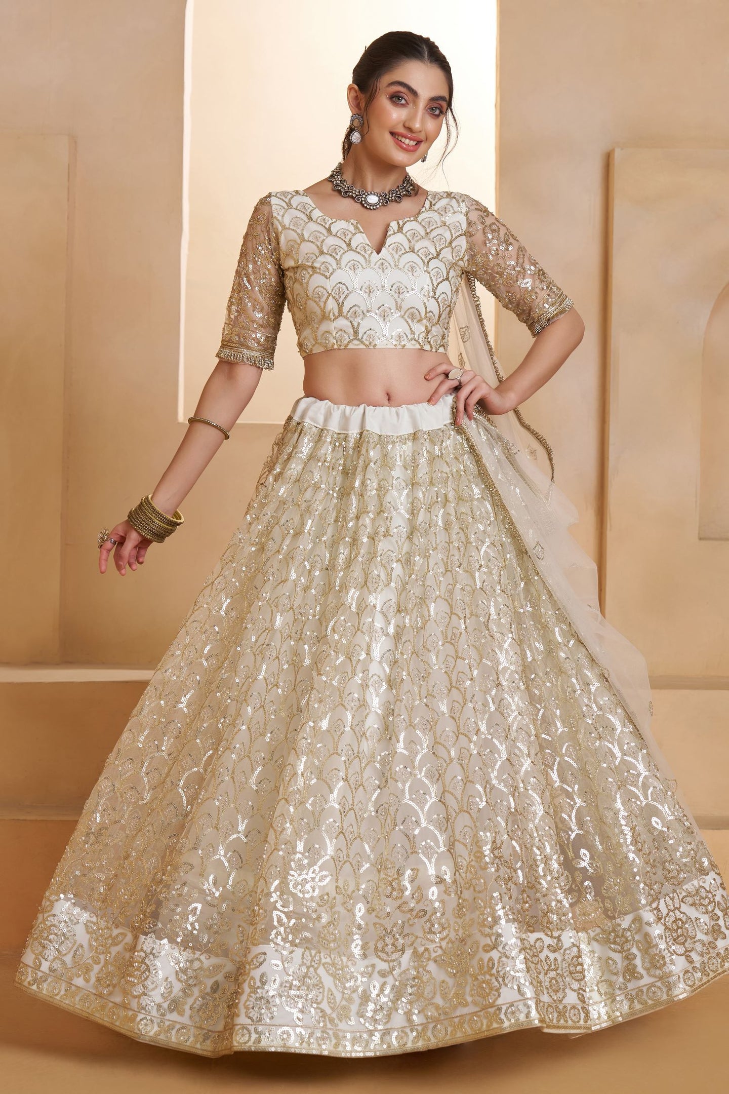 White Net Party Wear Lehenga for Women with Thread and Sequin Work