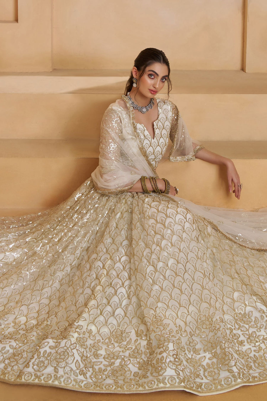 White Net Party Wear Lehenga for Women with Thread and Sequin Work