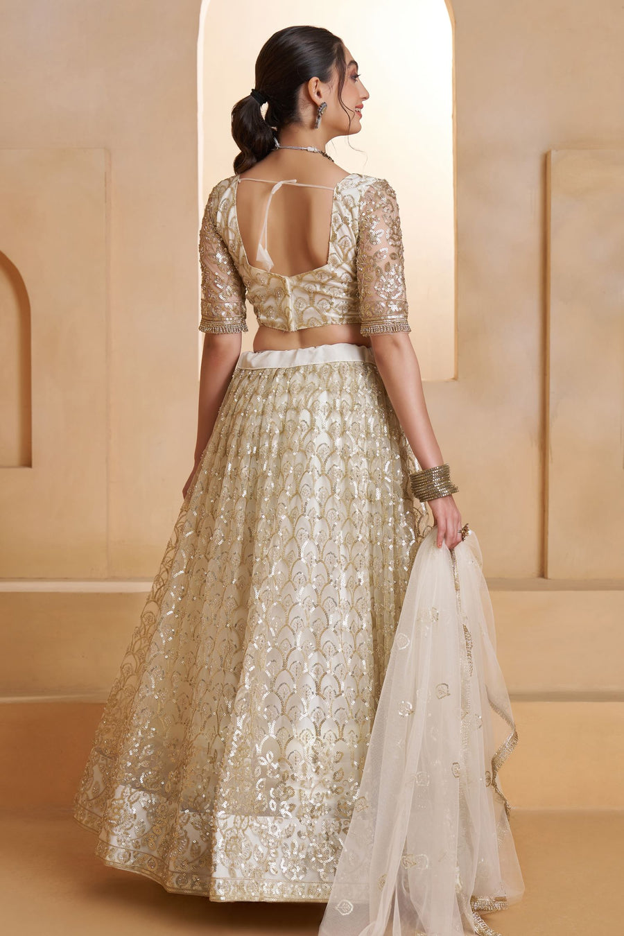 White Net Party Wear Lehenga for Women with Thread and Sequin Work