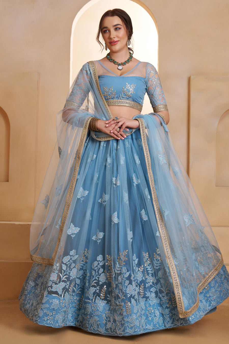 Blue Net Party Wear Lehenga for Women with Thread & Sequin Work