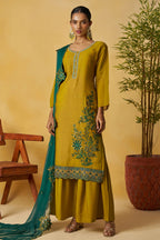 Mustard Organza Sharara Suit For Indian & Pakistani Wedding Festival - Thread Embroidery Work