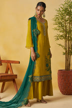 Mustard Organza Sharara Suit For Indian & Pakistani Wedding Festival - Thread Embroidery Work