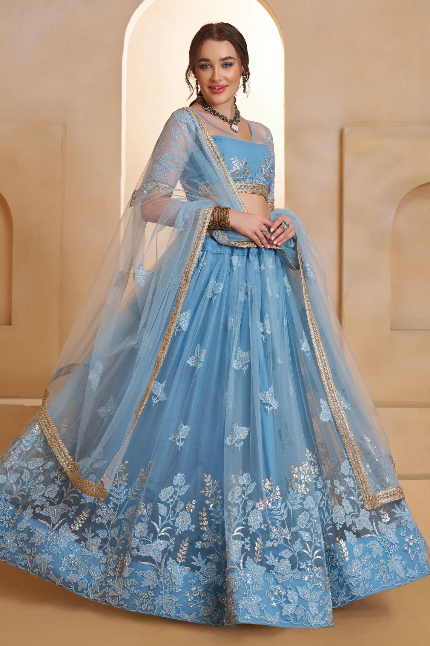 Blue Net Party Wear Lehenga for Women with Sequin Work