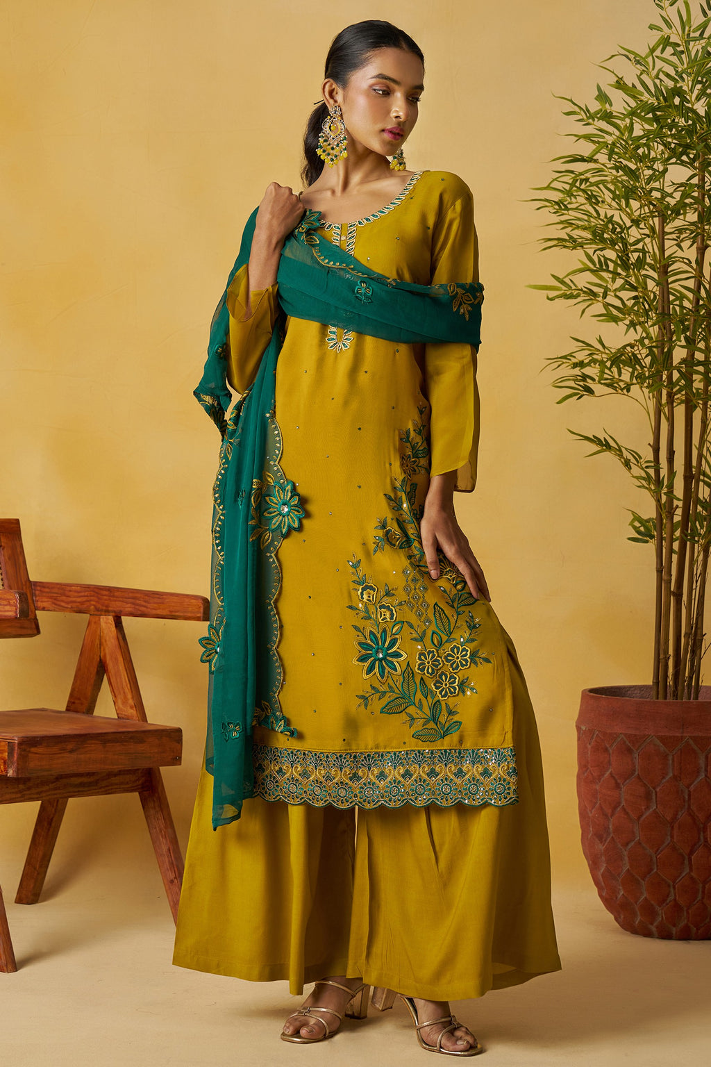 Mustard Organza Sharara Suit For Indian & Pakistani Wedding Festival - Thread Embroidery Work
