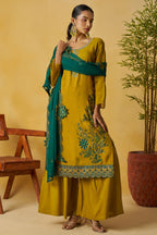 Mustard Organza Sharara Suit For Indian & Pakistani Wedding Festival - Thread Embroidery Work