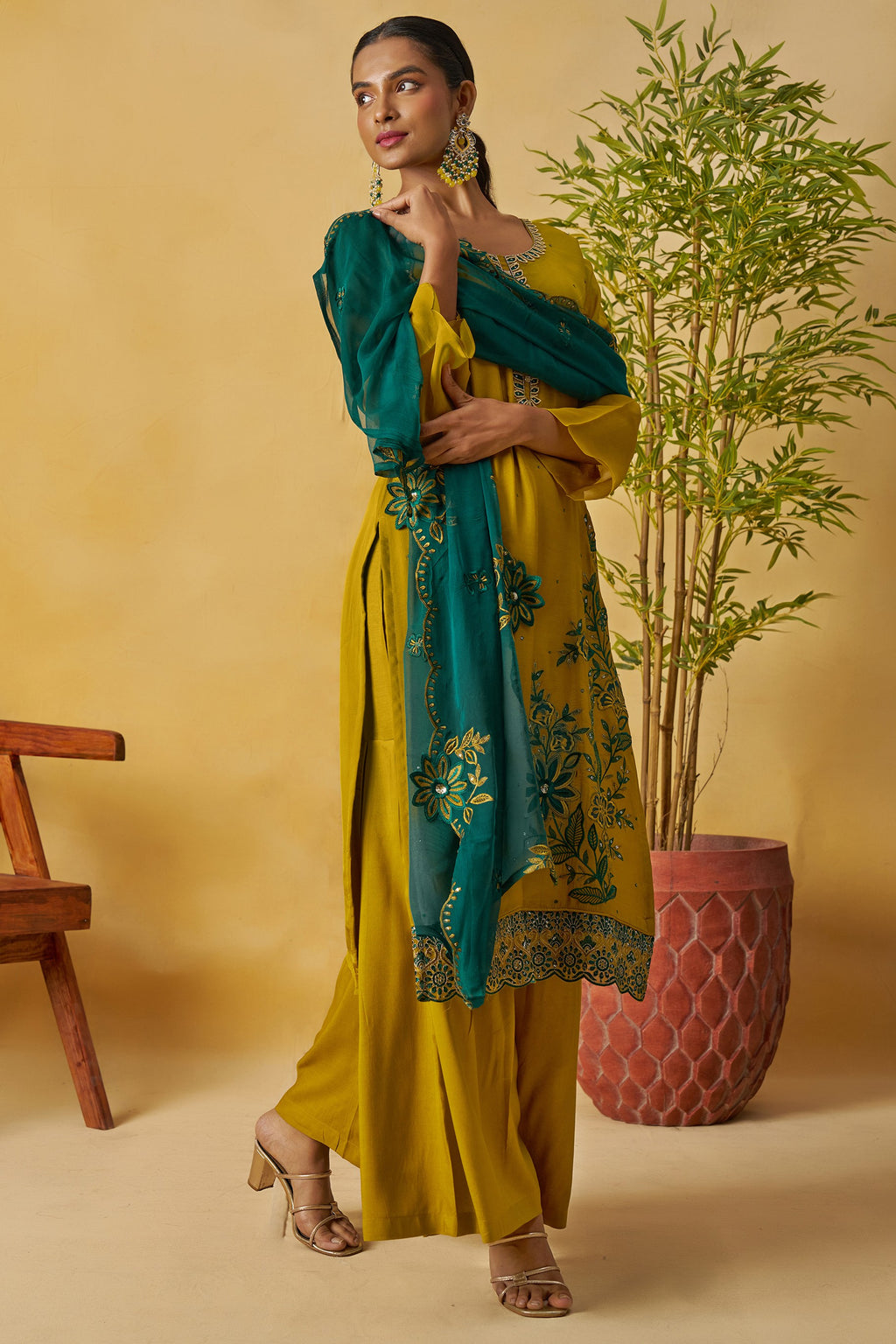 Mustard Organza Sharara Suit For Indian & Pakistani Wedding Festival - Thread Embroidery Work