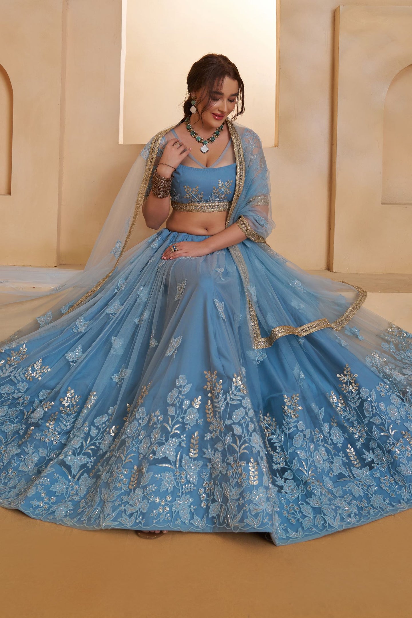 Blue Net Party Wear Lehenga for Women with Sequin Work