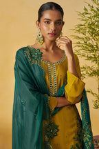 Mustard Organza Sharara Suit For Indian & Pakistani Wedding Festival - Thread Embroidery Work
