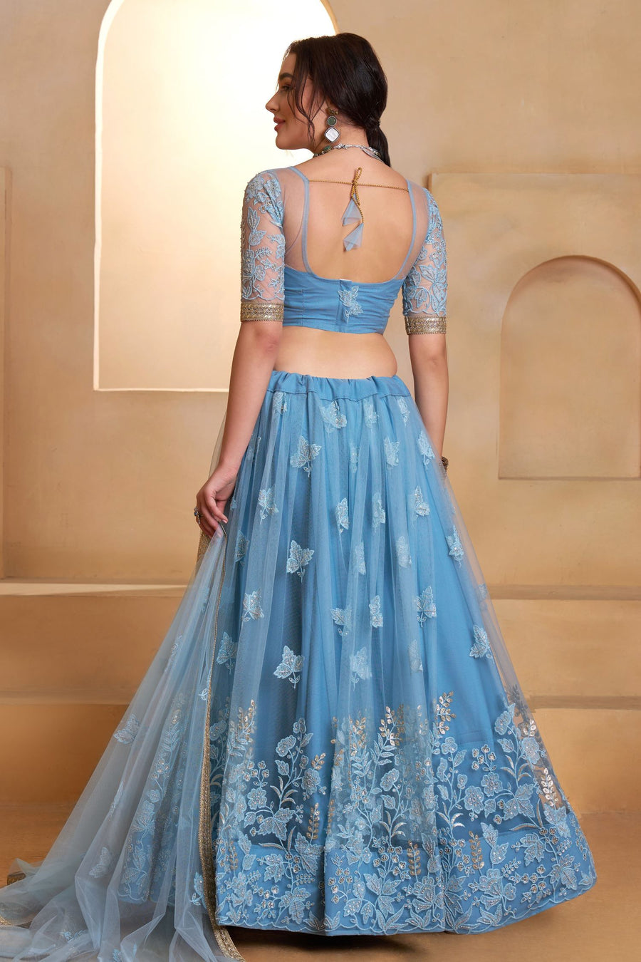 Blue Net Party Wear Lehenga for Women with Sequin Work