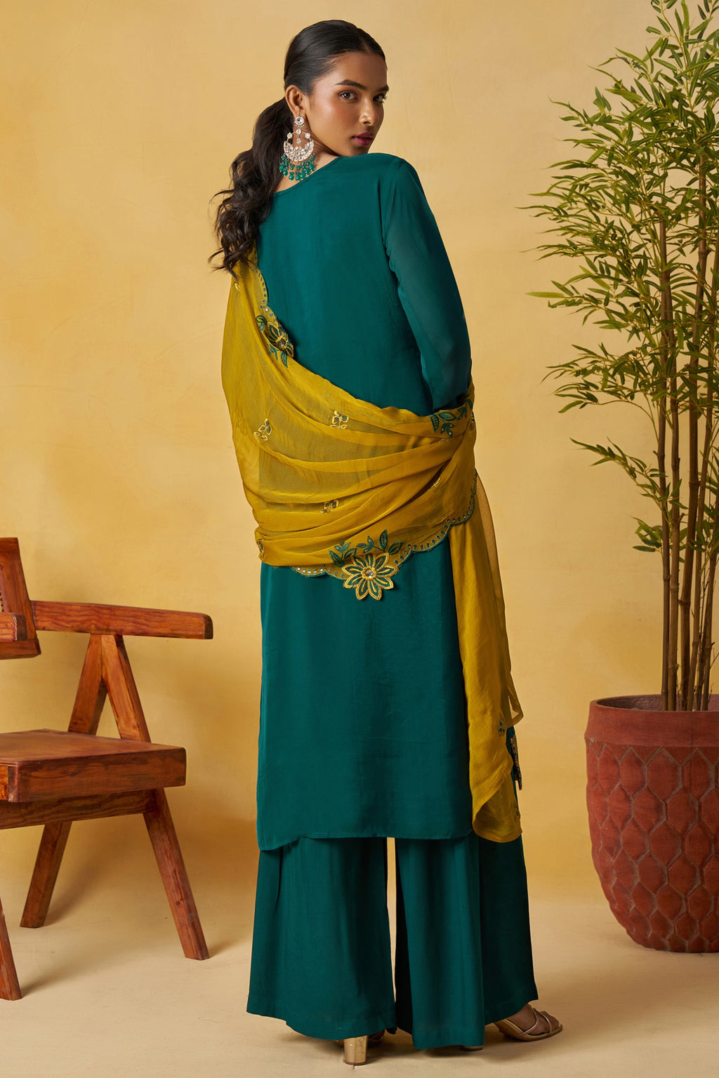 Green Organza Sharara Suit For Indian & Pakistani Wedding Festival - Thread Embroidery Work