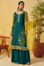 Green Organza Sharara Suit For Indian & Pakistani Wedding Festival - Thread Embroidery Work