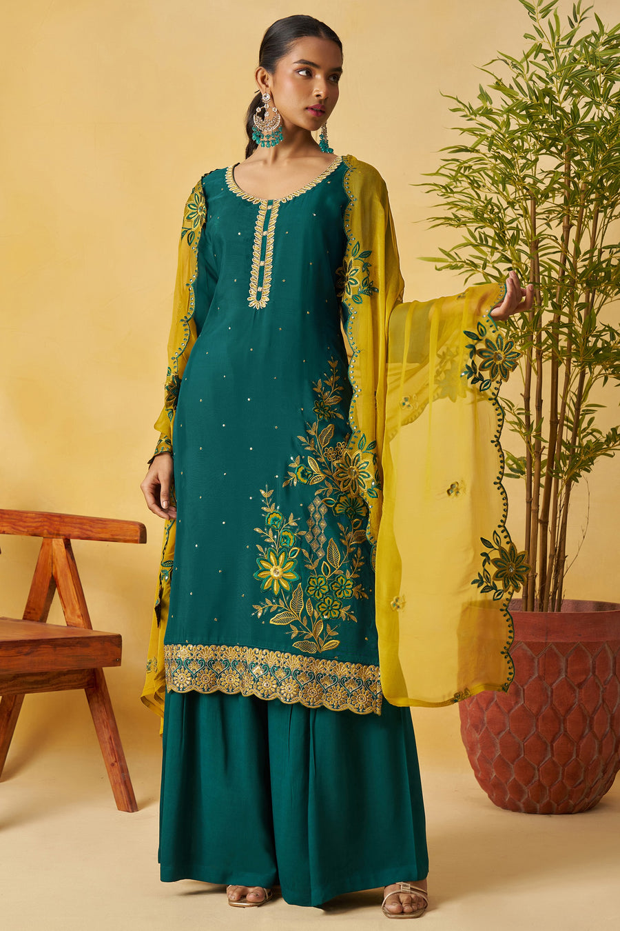 Green Organza Sharara Suit For Indian & Pakistani Wedding Festival - Thread Embroidery Work