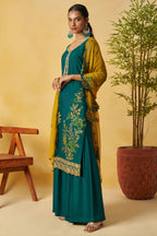 Green Organza Sharara Suit For Indian & Pakistani Wedding Festival - Thread Embroidery Work