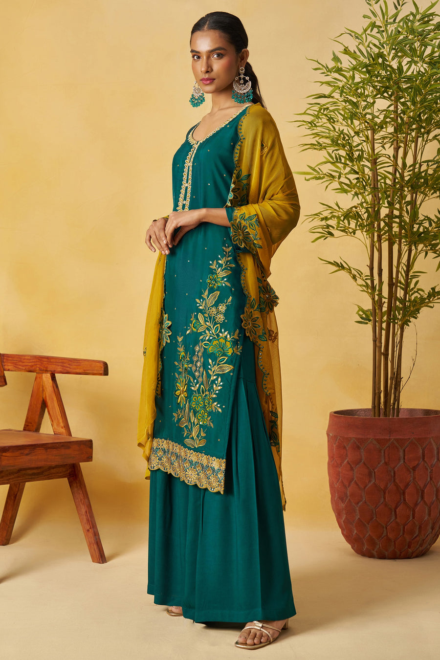 Green Organza Sharara Suit For Indian & Pakistani Wedding Festival - Thread Embroidery Work
