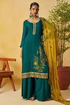 Emerald Green Organza Sharara Suit For Indian & Pakistani Wedding Festival - Thread Embroidery Work