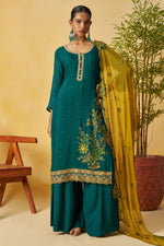 Green Organza Sharara Suit For Indian & Pakistani Wedding Festival - Thread Embroidery Work