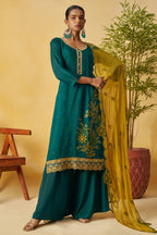 Green Organza Sharara Suit For Indian & Pakistani Wedding Festival - Thread Embroidery Work
