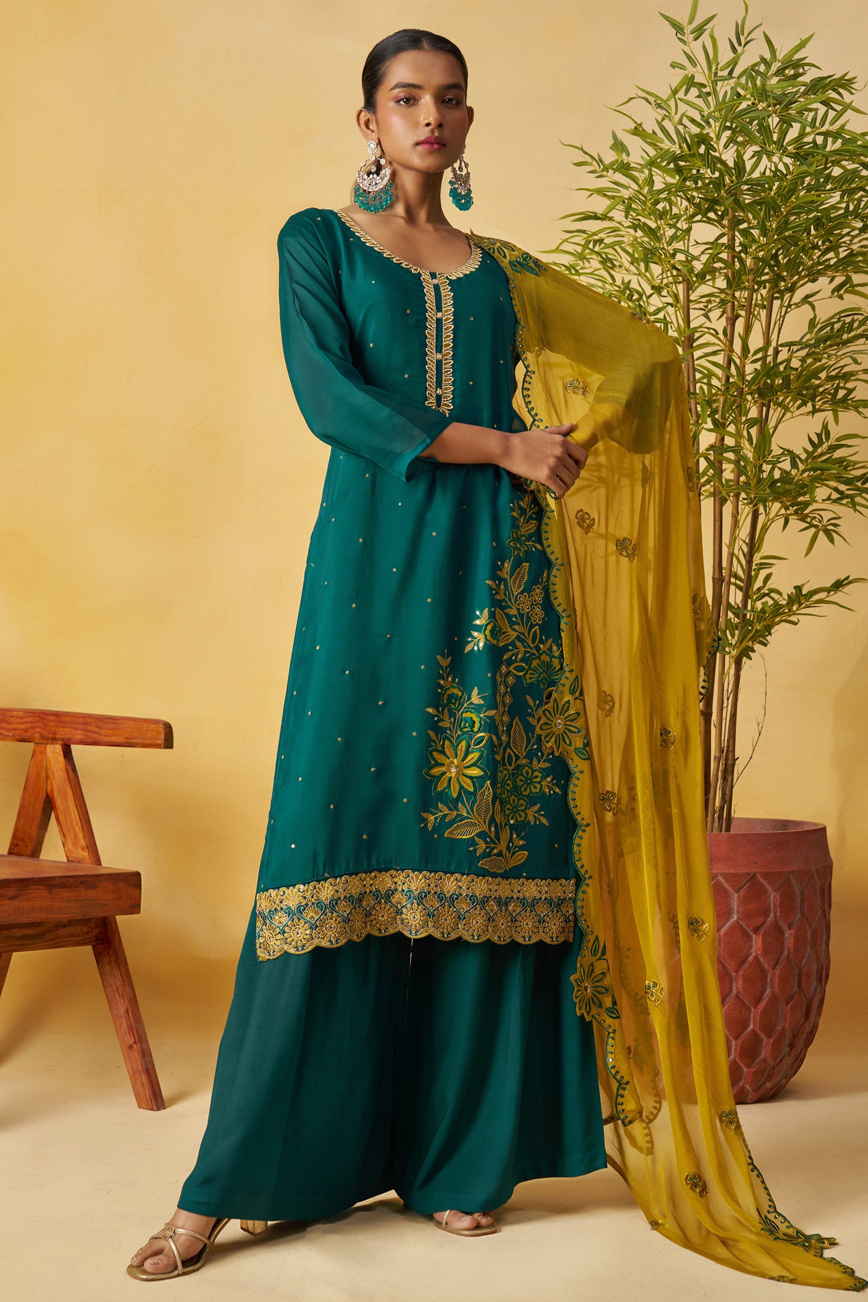 Green Organza Sharara Suit For Indian & Pakistani Wedding Festival - Thread Embroidery Work