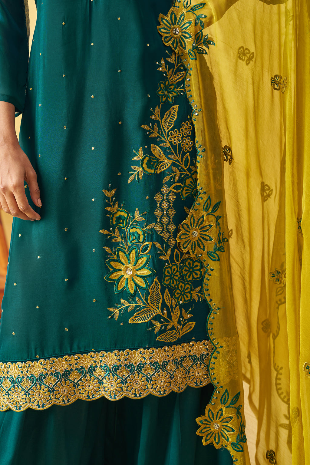 Green Organza Sharara Suit For Indian & Pakistani Wedding Festival - Thread Embroidery Work