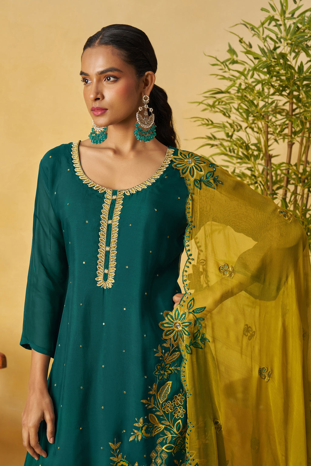 Green Organza Sharara Suit For Indian & Pakistani Wedding Festival - Thread Embroidery Work