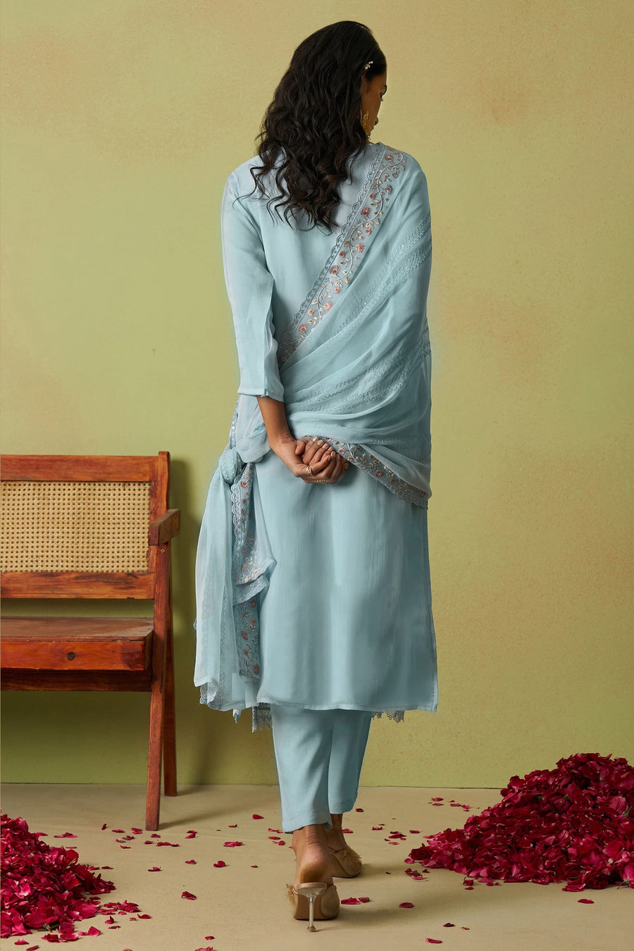 Light Blue Organza Silk Kameez With Pant For Indian & Pakistani Wedding Festival - Thread Embroidery Work, Moti Work, Hand Work