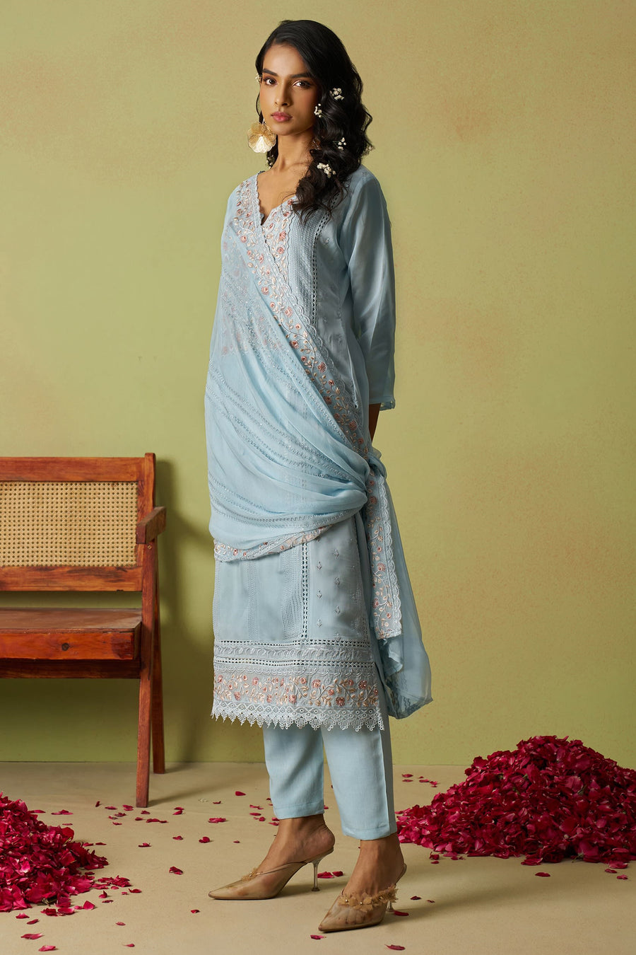Light Blue Organza Silk Kameez With Pant For Indian & Pakistani Wedding Festival - Thread Embroidery Work, Moti Work, Hand Work