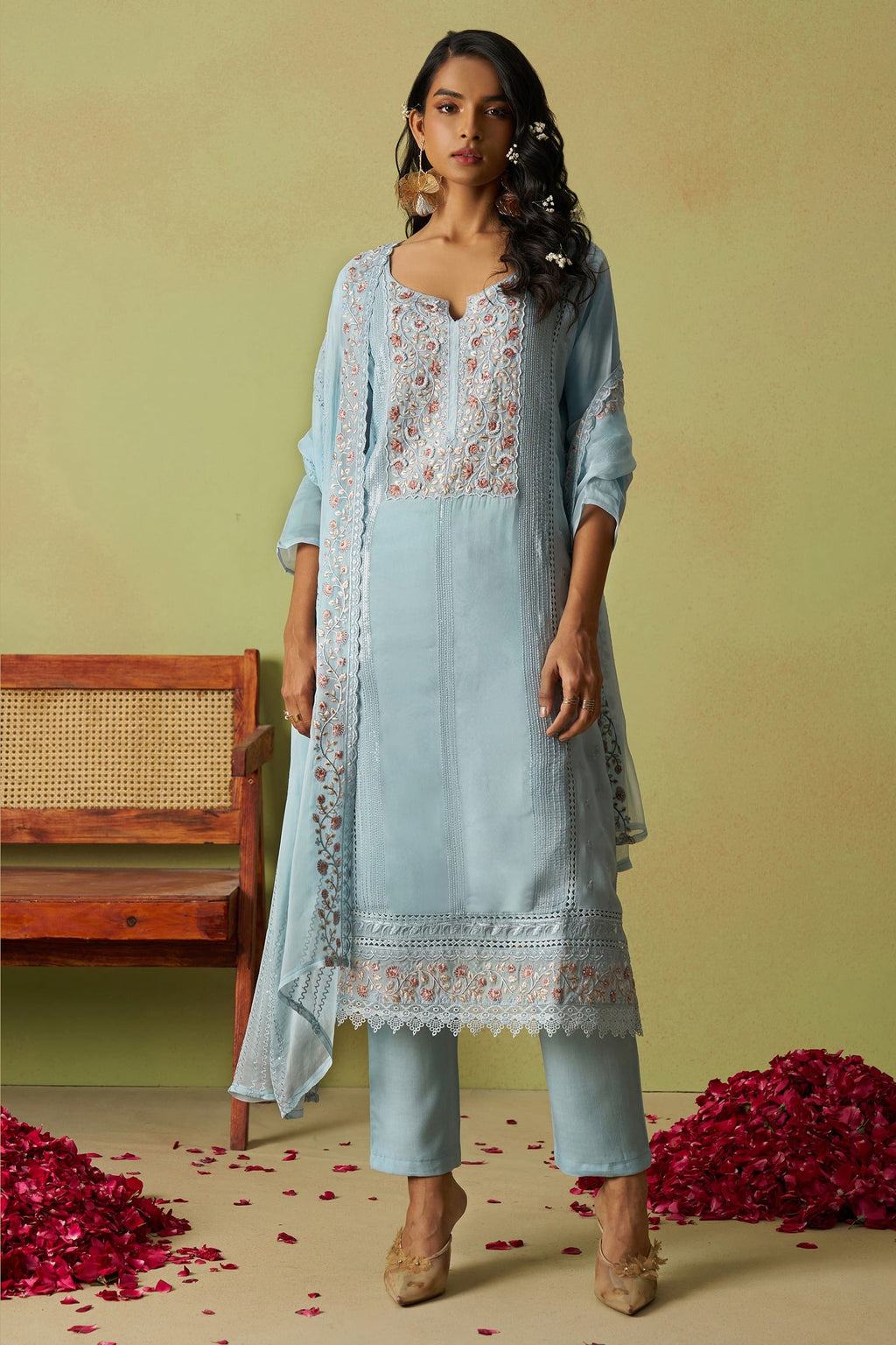 Light Blue Organza Silk Kameez With Pant For Indian & Pakistani Wedding Festival - Thread Embroidery Work, Moti Work, Hand Work
